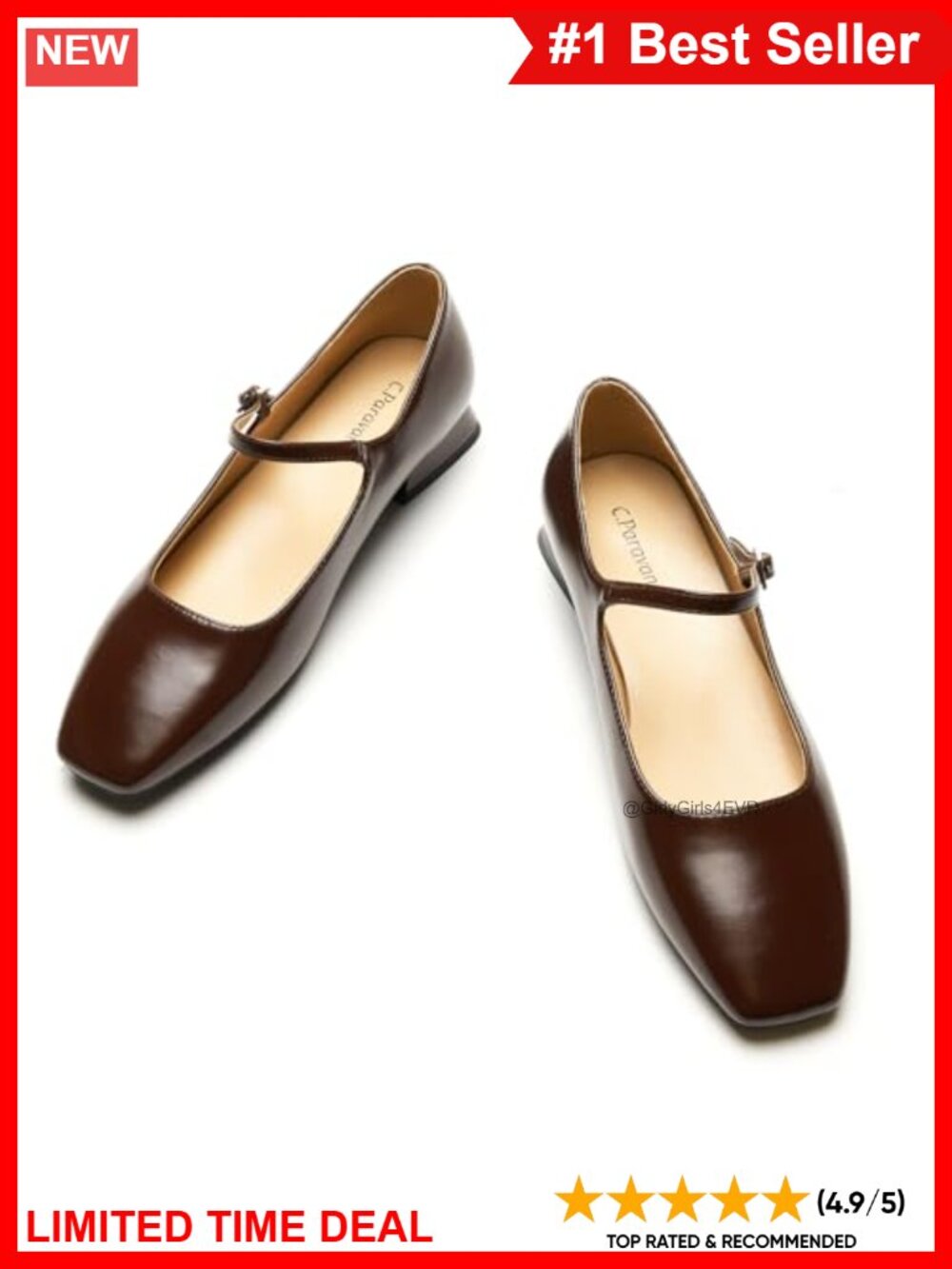 Mary Jane Ballet Flats Square Toe Adjustable Buckle Memory Foam Soft Leather